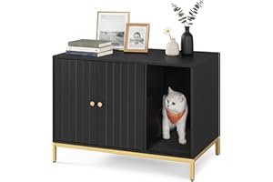 Feandrea Litter Box Enclosure, Modern Cat Litter Box Furniture Hidden, with Scratching Mat, Tall Legs, Cat House, Side End Table, 31.5 x 19.7 x 21.7 Inches, Black and Gold UPCL007B01