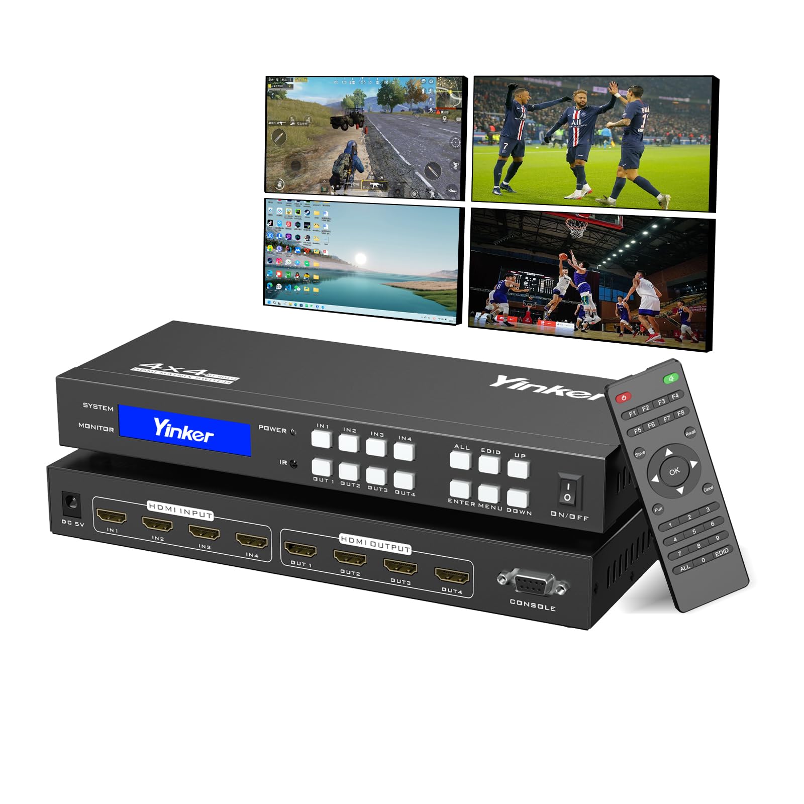 Photo 1 of Yinker 4K HDMI Matrix Switch 4x4, 4K@30Hz HDMI Matrix Switcher Splitter 4 in 4 Out with Backlit Button, Support HDCP EDID Management RS232 Control Downscale 4K & 1080P Together