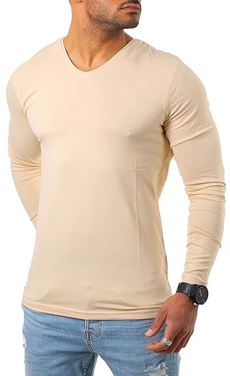 Young&Rich Herren Longsleeve tiefer V-Ausschnitt Langarm Shirt einfarbig Slimfit mit Stretchanteilen Uni Basic deep V-Neck Te