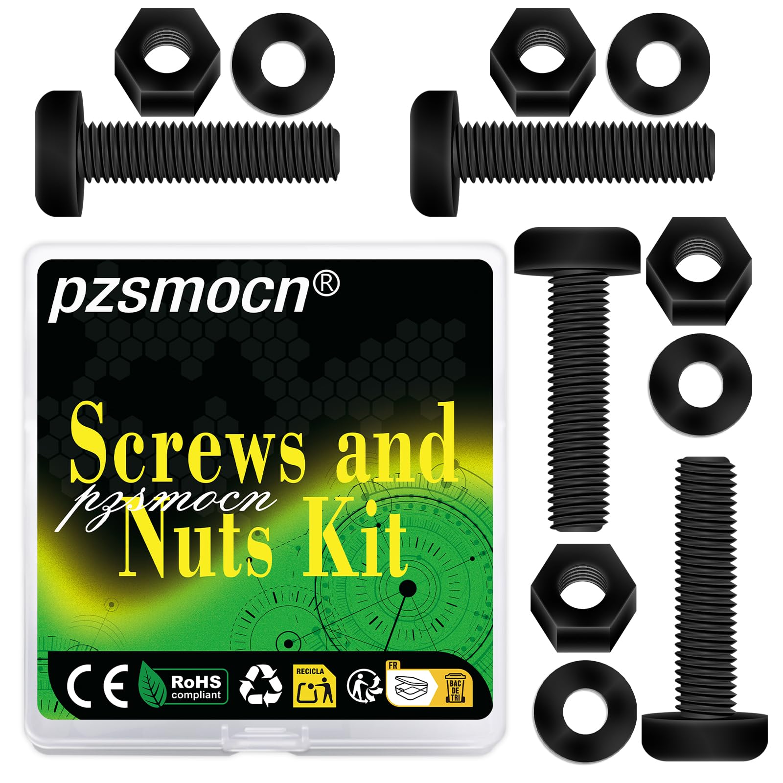 Pzsmocn 300 Pieces/100 Sets M4*25 mm Plastic Black Nylon Cross Round Head Screw Hexagonal Nut Combination Kit, with Insulating Washers, Standard Size, For DIY and Electronic Assembly.