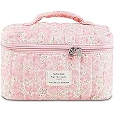 GISMTR Makeup Bag, Floral Quilted Cosmetic Bag, Large Travel Aesthetic Make up Bag, Cute Coquette Toiletry Bag for Women Girls