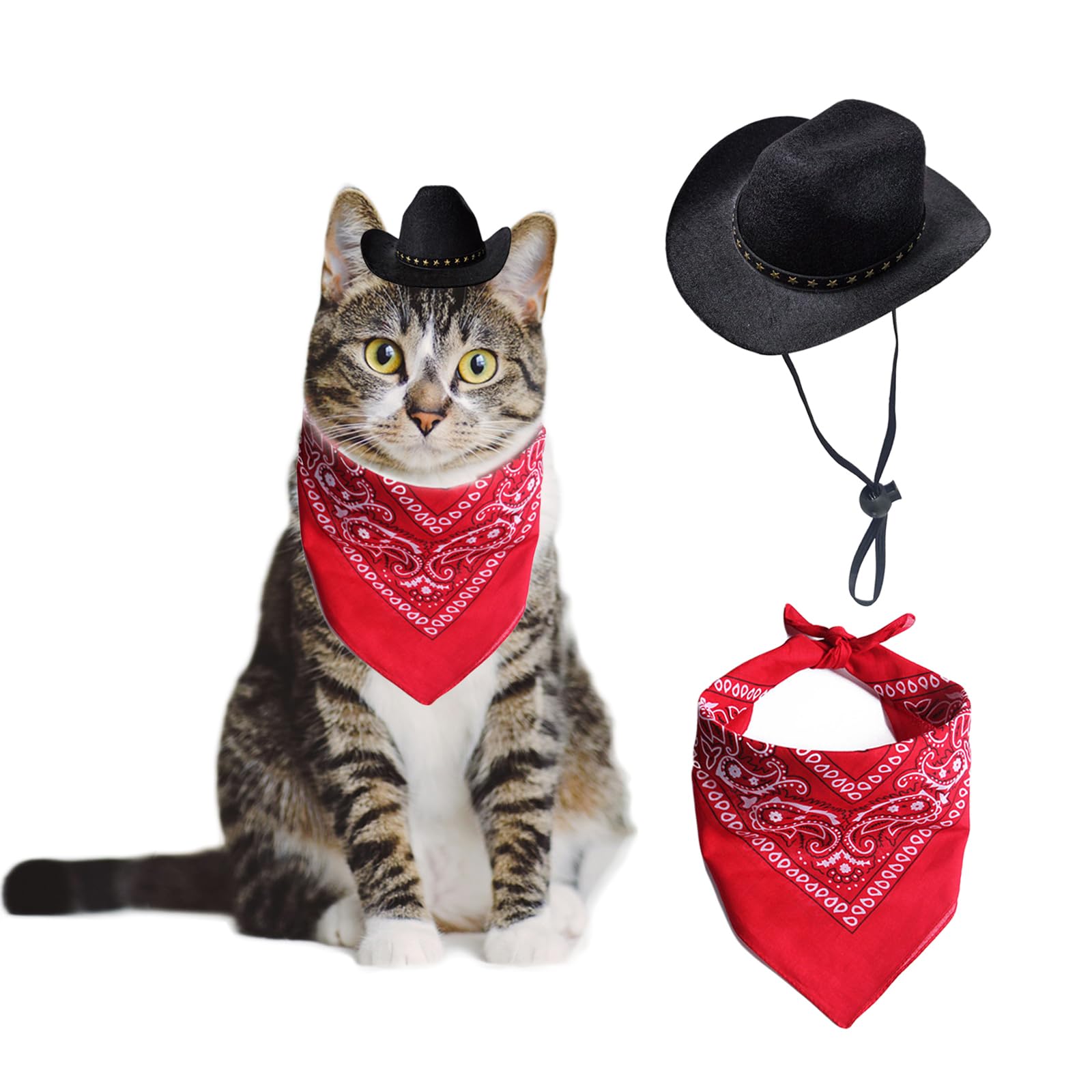 AWOCAN Dog Cowboy Hat Cat Cowboy Hat Mini Cowboy Hat for Dogs Cat Pet Cowboy Costume with Bandana Scarf Holiday Halloween Pet Party Decoration (Black, Small)