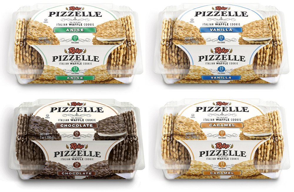 Reko Pizzelle Cookies 4 Flavor Samplers Anise, Chocolate, Caramel