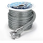 Anchor Line 3/8 inch 50ft. Grey Double Braided Nylon MFP Boat Anchor Rope ，with Stainless Steel Thimble and Shackle ，Anchor Line Fittings for Anchors and Boats Marine Rope