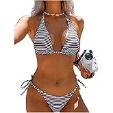 SOLY HUX Women's Striped Bikini Set Halter Triangle Tie Side String Bathing Suit Vacation Two Piece Swimsuit