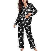 Mutkirapup Women's Pajama Sets Silky Satin Cute Pjs 2 Piece Loungewear Soft Long Sleeve Button up Ladies Sleepwear S-XL