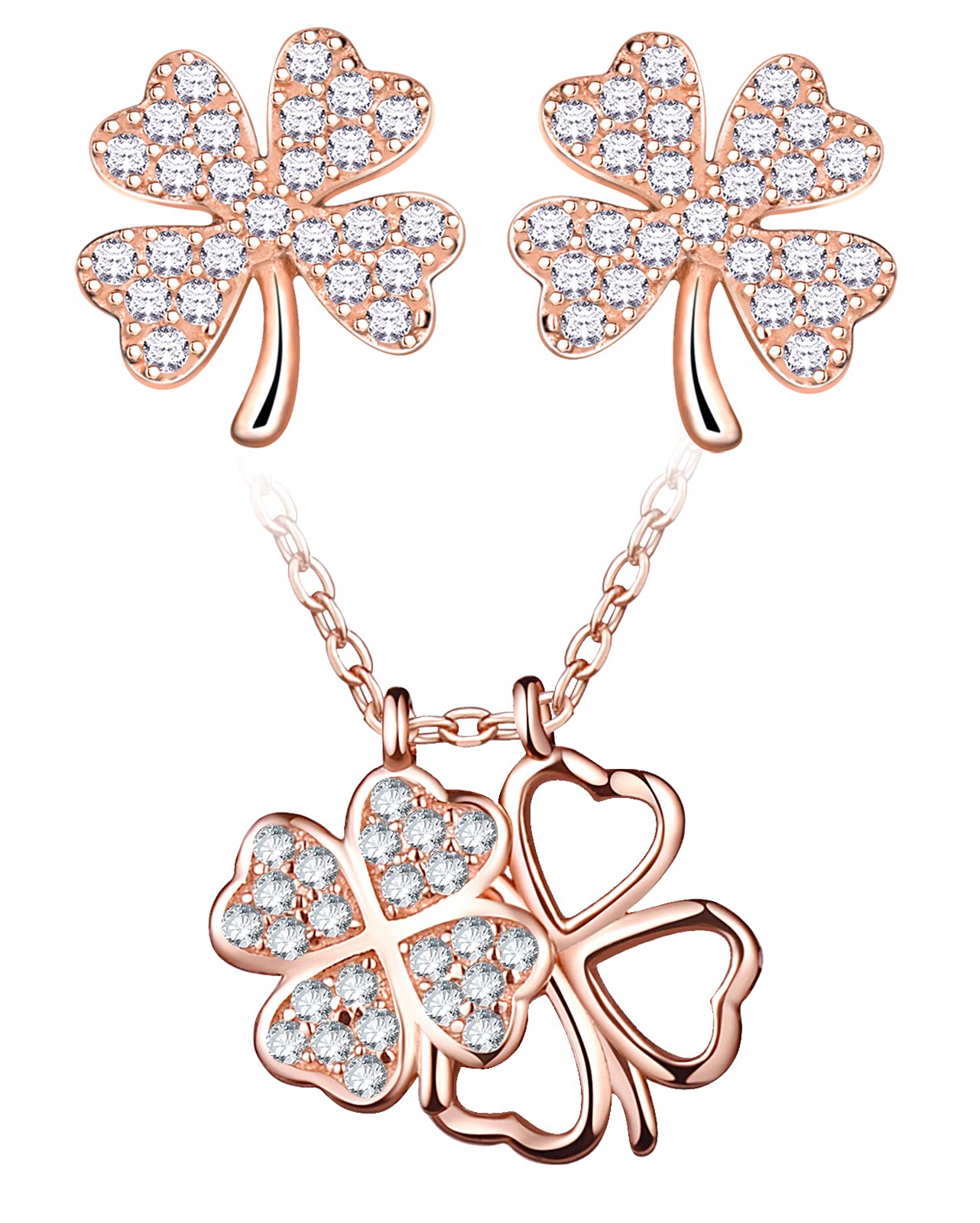 Yumilok 925 Sterling Silver Women Necklace Earrings Jewellery Set with 3A Cubic Zirconia, Rose Gold