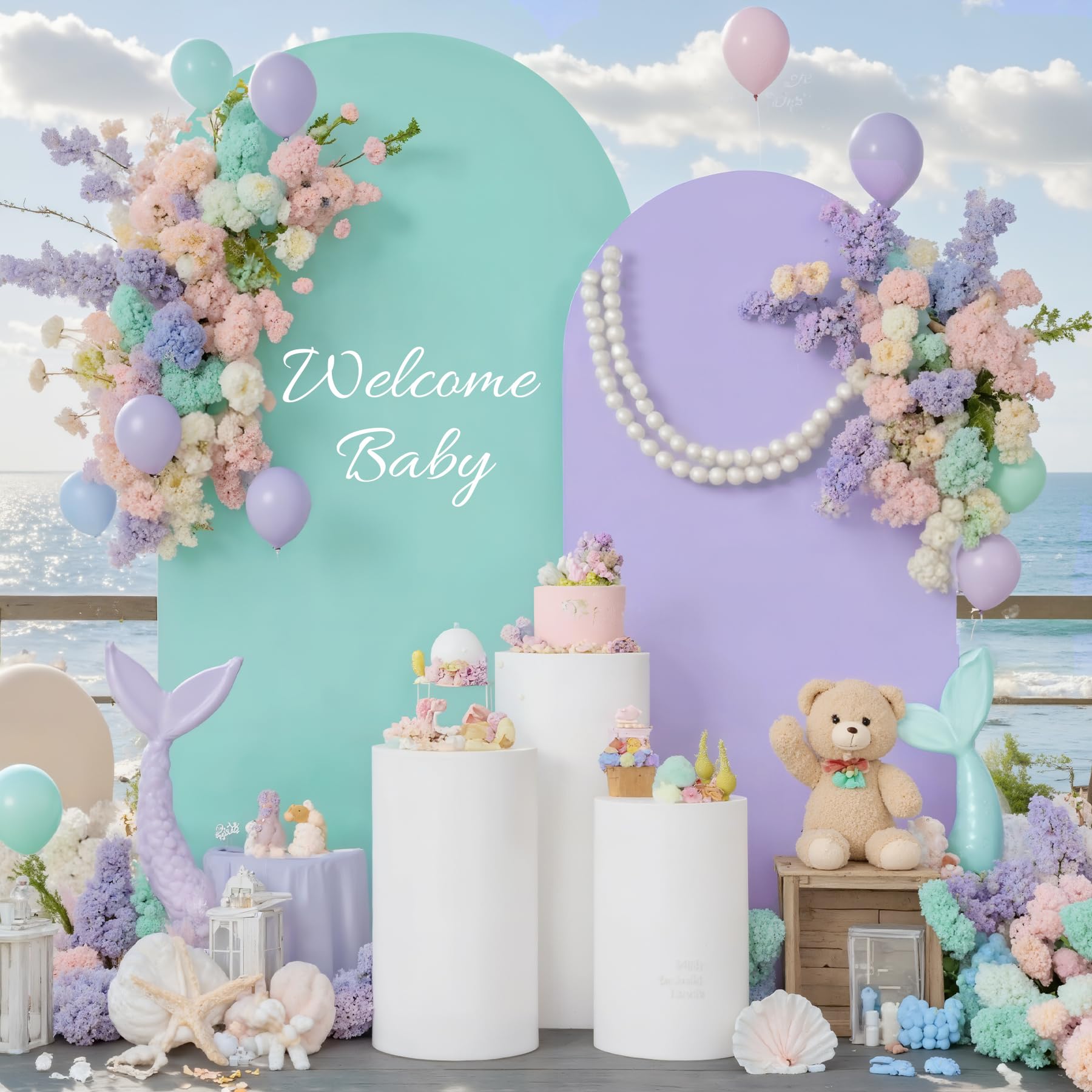 Photo 1 of Blue and Purple Arch Backdrop Cover Set of 2-7.2ft, 6ft Arch Covers Stretchy Backdrop Spandex Mermaid Theme Arch Stand Covers for Girls Birthday Party Wedding Banquet Photo Background Decorations