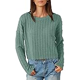 Tankaneo Womens Long Sleeve Crop Tops Textured Loose Fit T-Shirts Crewneck Basic Tees Casual Fall Knitwear