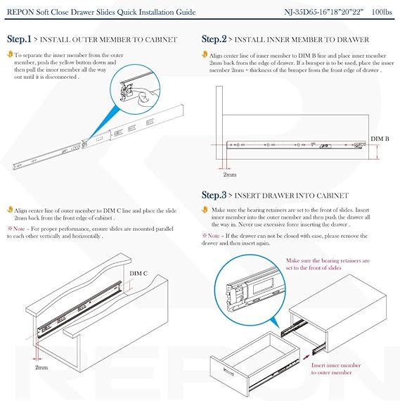 Repon 35d65 Dry Damper Soft Close Drawer Slide Full Extension