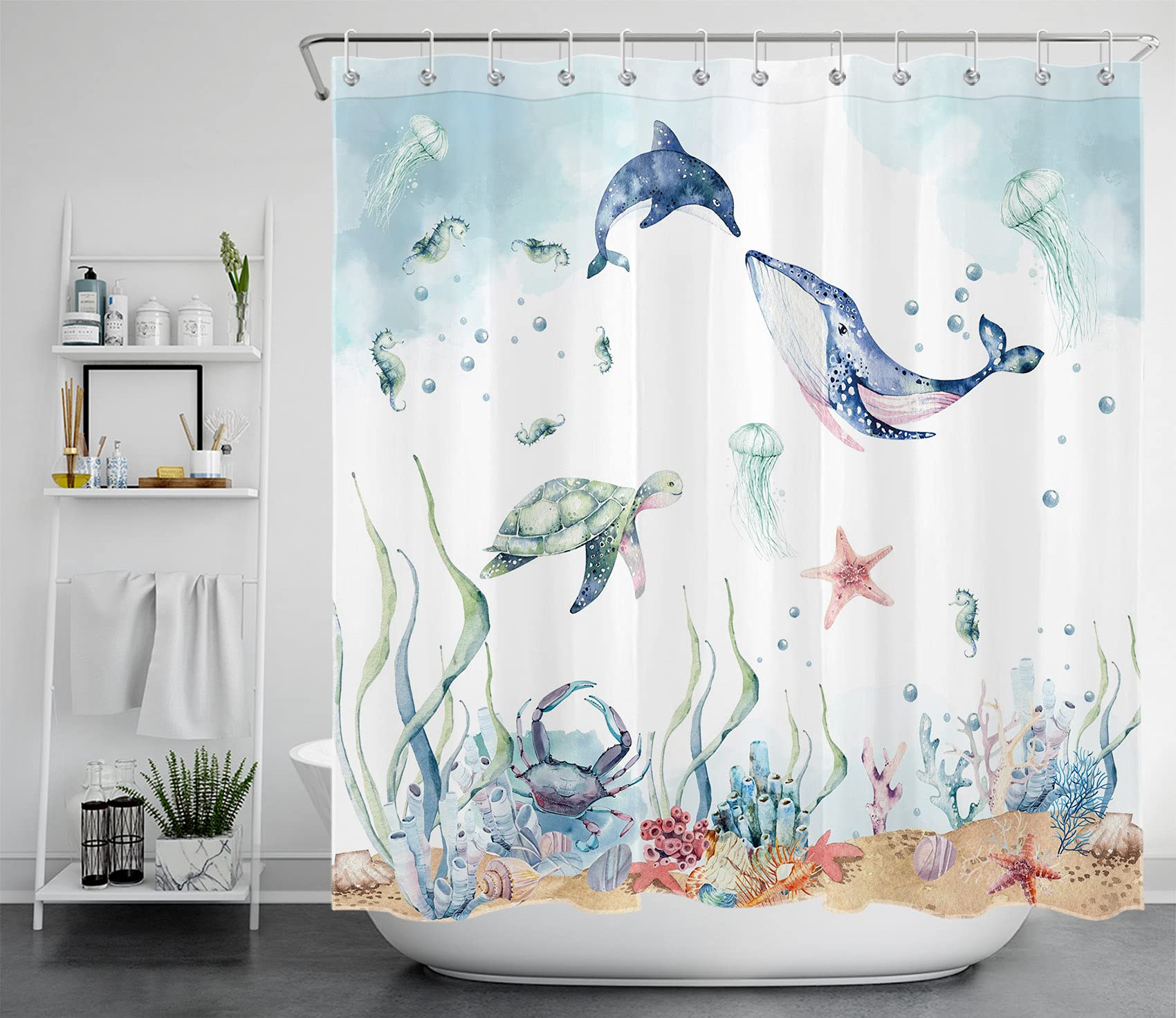 LB Marine Life Shower Curtain Dolphin Whale and Sea Turtle Bath Curtain for Kids,Cartoon Polyester Anti Mould Waterproof Bathroom Curtains with Hooks,94x69 inches — image 1