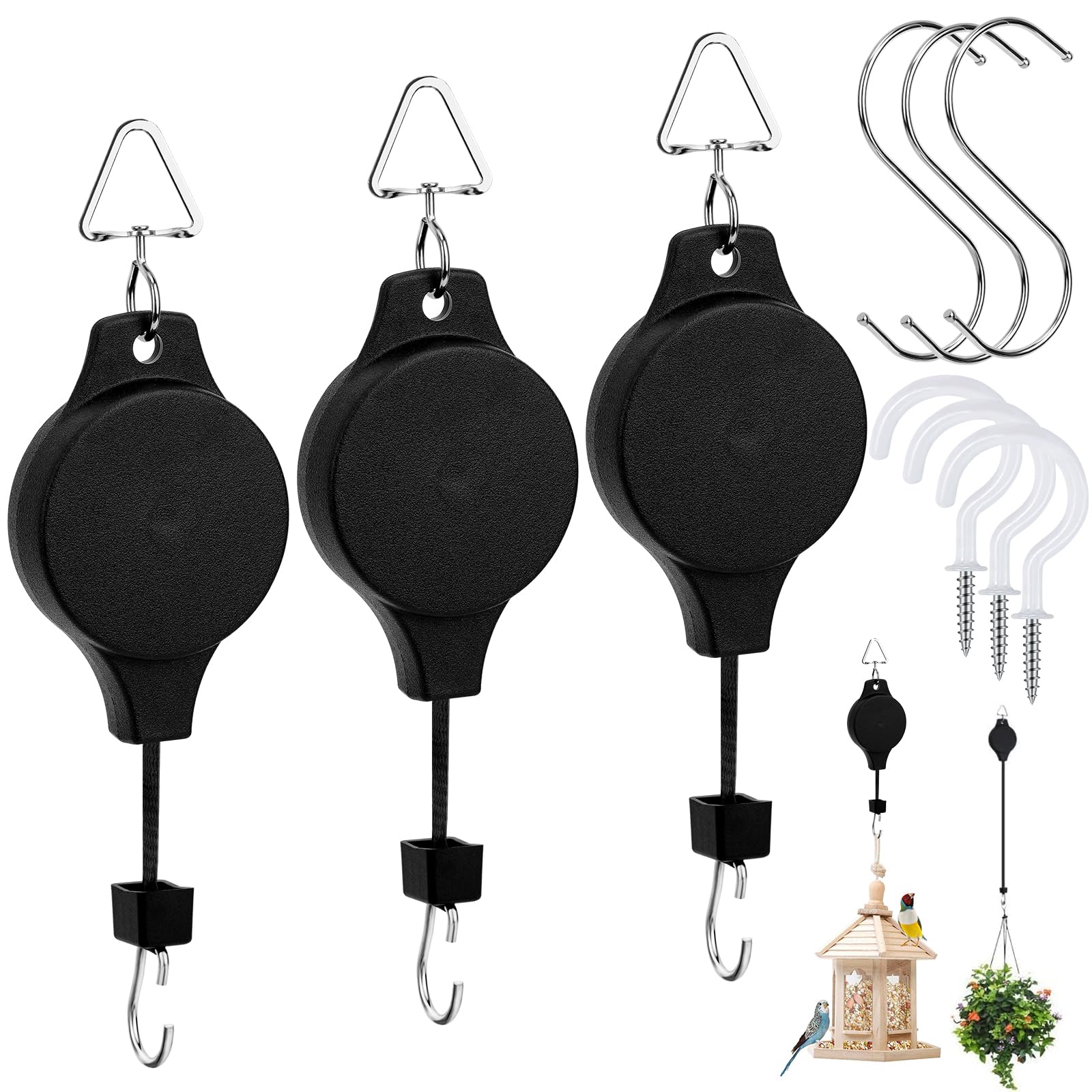 Yotako 3 Pcs Hanging Basket Pulley - Hanging Plant Pulley Retractable Adjustable Heavy Duty Plant Pulley Hook with with 3Pcs Ceiling Hooks and S-Hook for Hanging Plant Baskets