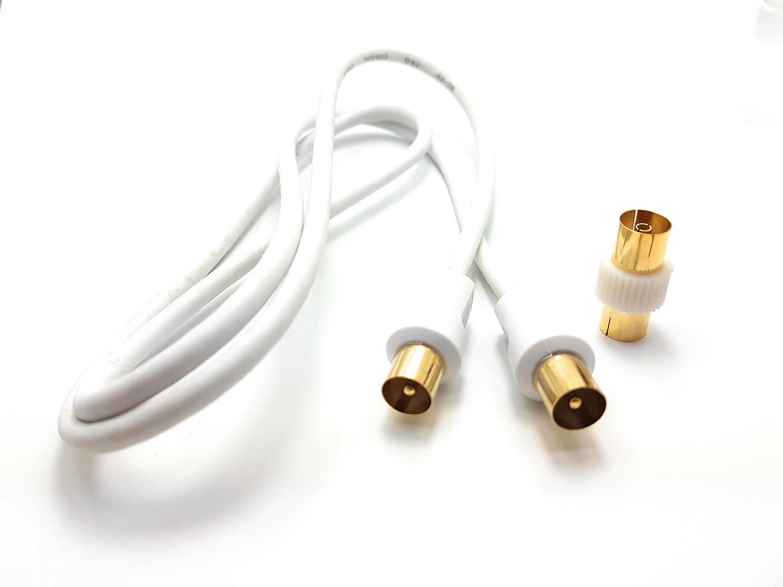 MainCore 1m Long White Gold Plated RF TV Freeview Plug to Plug White Aerial Antenna Lead Cable with Coupler (1m)