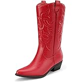 DREAM PAIRS Women's Cowboy Boots Pull On Cowgirl Boots Mid Calf Western Boots, Available in Regular and Wide Calf