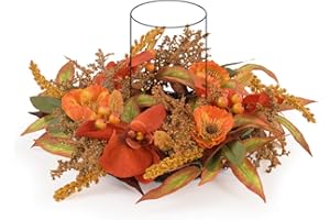 WELL KNOWN Artificial Flower Candle Rings Wreath, 12" Small Orange Orchid and Poppy Wreath for Candles & Candleholders, Autumn Centerpieces for Home Table Decor