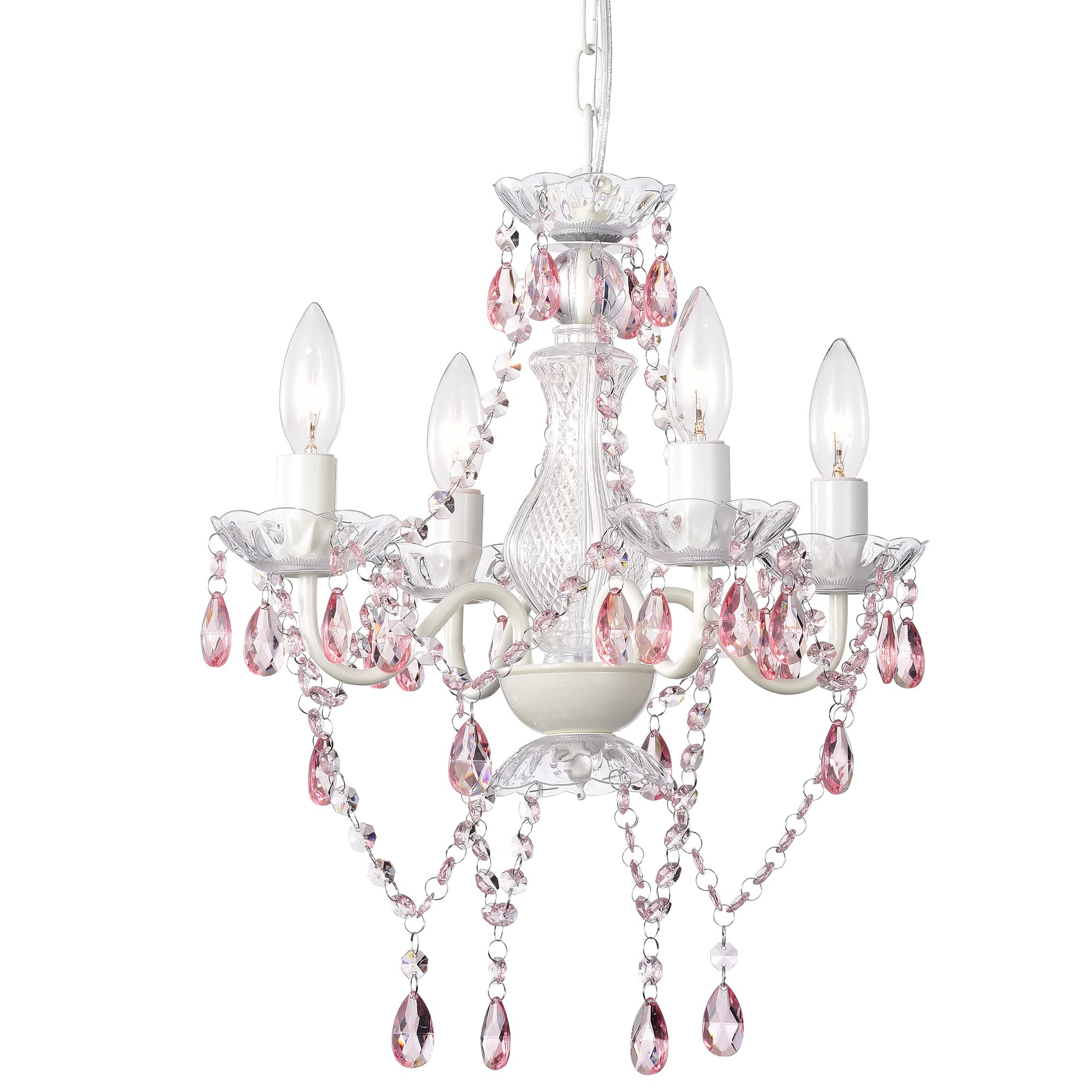 Photo 1 of LaLuLa Pink Chandelier White Chandeliers Lighting with Acrylic Crystals Mini 4 Lights Pendant Light for Bedroom and Girls Room