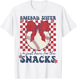 Retro Baseball Sister I'm Just Here for the Snacks Funny T-Shirt Tee for Girls