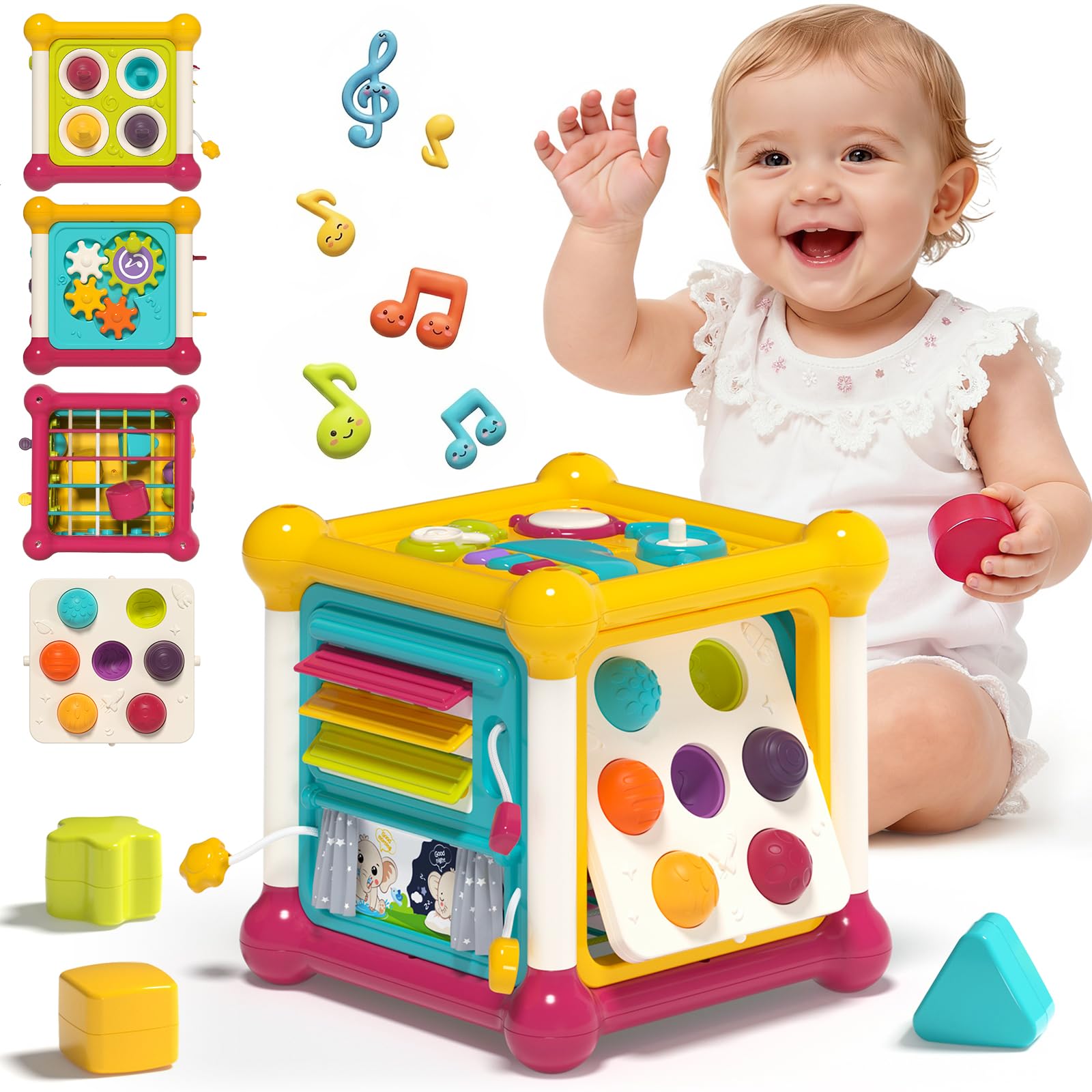 Activity Cube Baby Toy, 6-in-1 Montessori Toys with Shape Sorter, Music Busy Board, Pop up Bubble - Early Learning Sensory Toys for 6-12 Months, Interactive Toys & Birthday Gifts for 1 Year Old