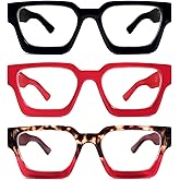 REAVEE 3 Pack Thick Frame Reading Glasses for Women Men, Oversized Fashion Blue Light Blocking Readers Spring Hinge