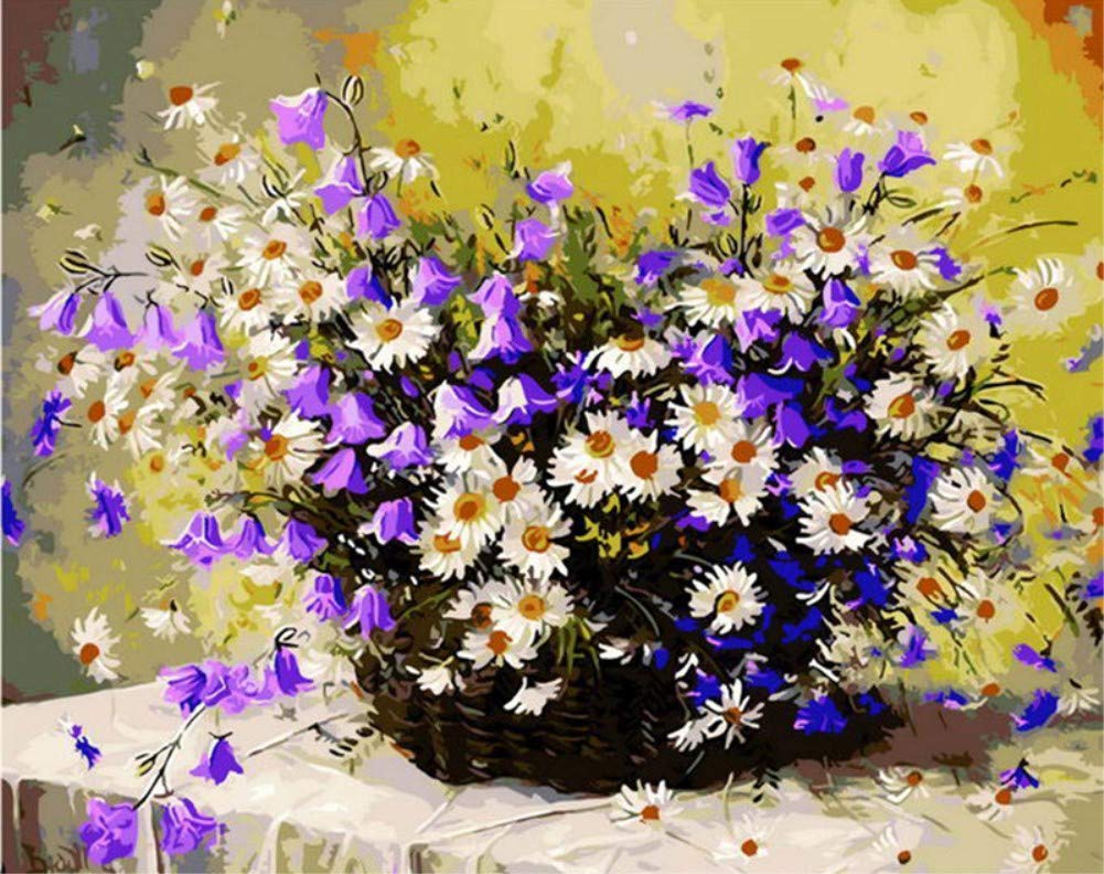 DIY Paint by Numbers for Adults Children, ABEUTY Vase Purple & White Daisies 16x20 inches Number Painting Art Therapy (No Frame)