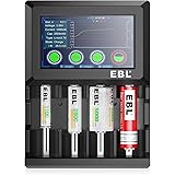 EBL Chargeur de batterie universel à écran LCD tactile - 4 baies 3,7 V 18650 avec fonction de décharge pour batteries recharg