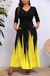 Runwind Plus Size Dress for Women 3/4 Sleeve V Neck