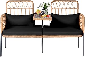 PROHIKER Patio Furniture Outdoor Rattan Loveseat 2-Seat with Built-in Table, Lumbar Pillows and Cushions, All-Weather Wicker Loveseat Porch Chairs for Balcony, Lawn, Backyard