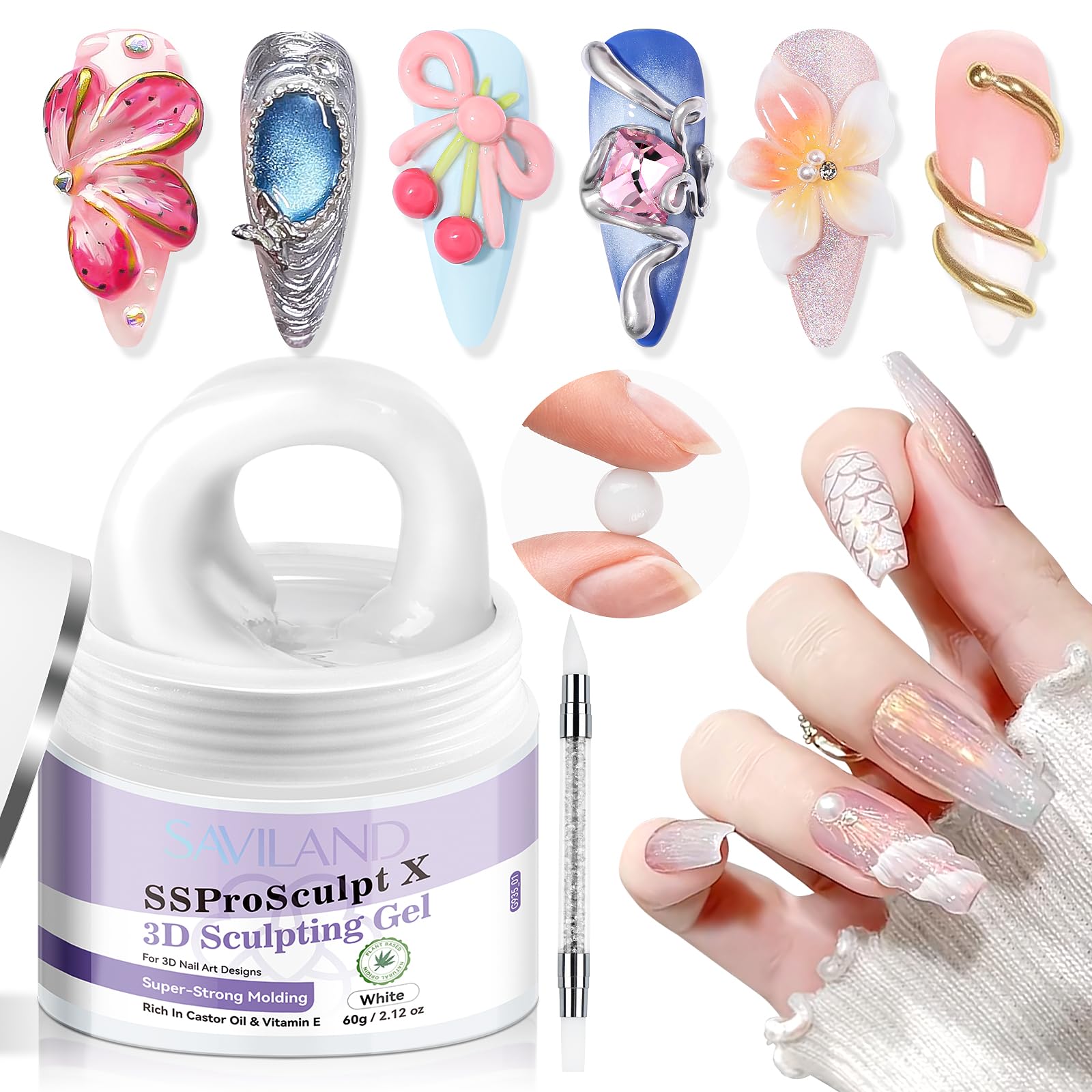 SAVILAND 3D Nail Gel 60g, Non-Sticky No Wipe Sculpting Gel for Nail Extensions, Super Strong Hard for 3D Art & Salon Use