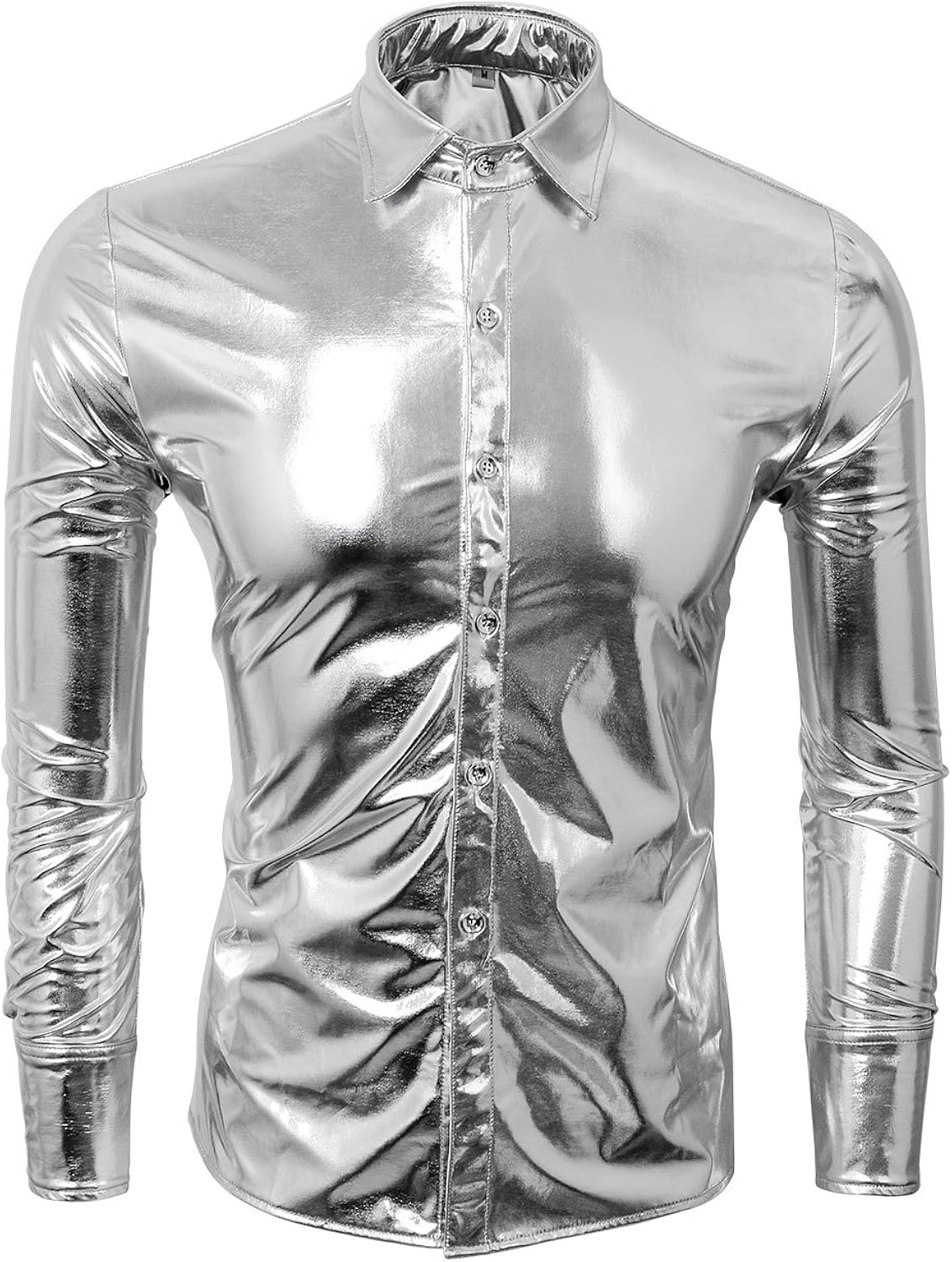 Men's 70's Disco Shiny Sequin Shirt Silver