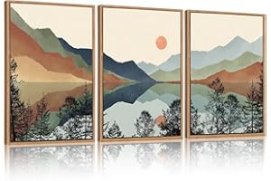 CHDITB Mountain Sun Forest Framed Art Prints(Set of 3, 12”x16”), Boho Watercolor Nature Landscape Canvas Artwork Painting, Ab