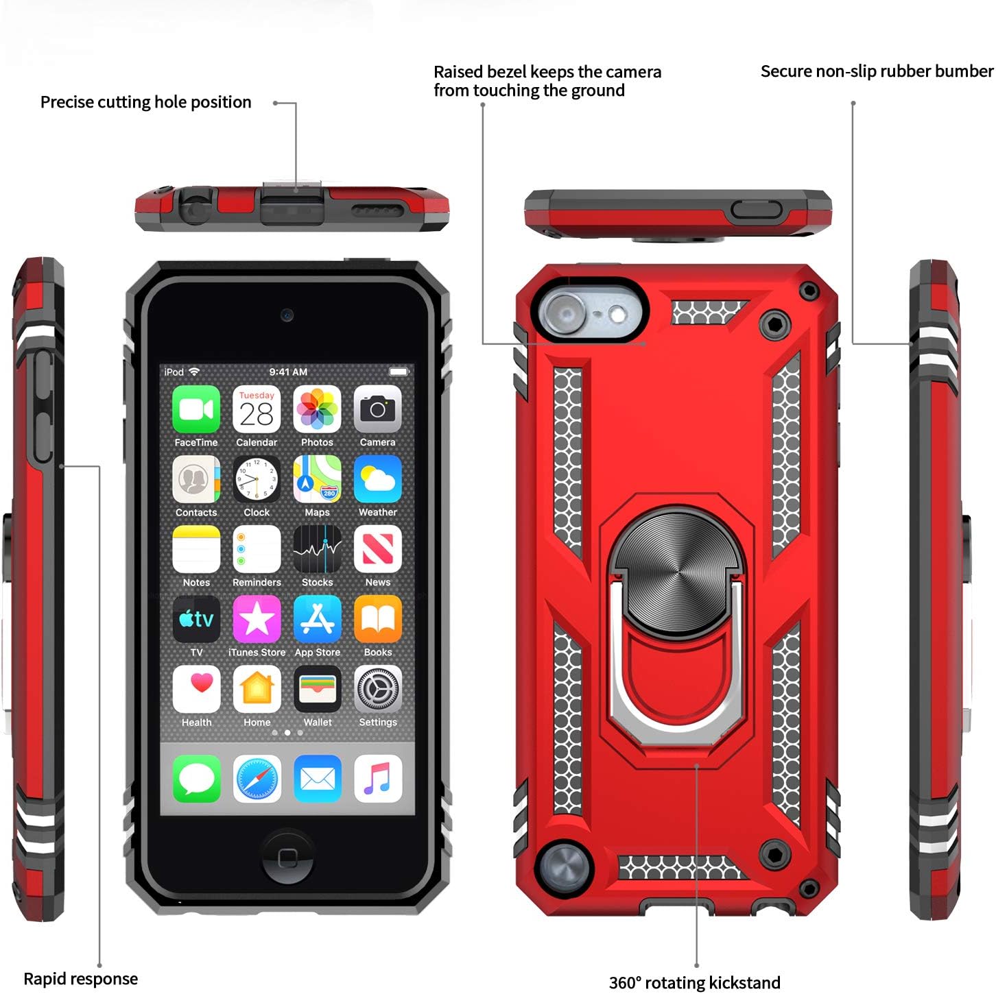 iPod Touch 7 Case, iPod Touch 6 Case, iPod Touch 5 Case with Tempered Glass Screen Protector [2 Pack],LeYi Military Grade Phone Case with Car Mount Kickstand for Apple iPod Touch 7th/6th/5th Gen Red
