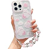 ZSYTZL Compatible with iPhone 16 Pro Max Case Clear Cute Cartoon Peach Rabbit Pattern with Cute Chain Design for Women Kawaii Slim Soft TPU Case for iPhone 16 Pro Max-Peach Rabbit