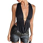 Women's Summer Halter Neck Tank Tops Deep V Neck Sleeveless Backless Crop Top Sexy Solid Color Slim Fit Vest