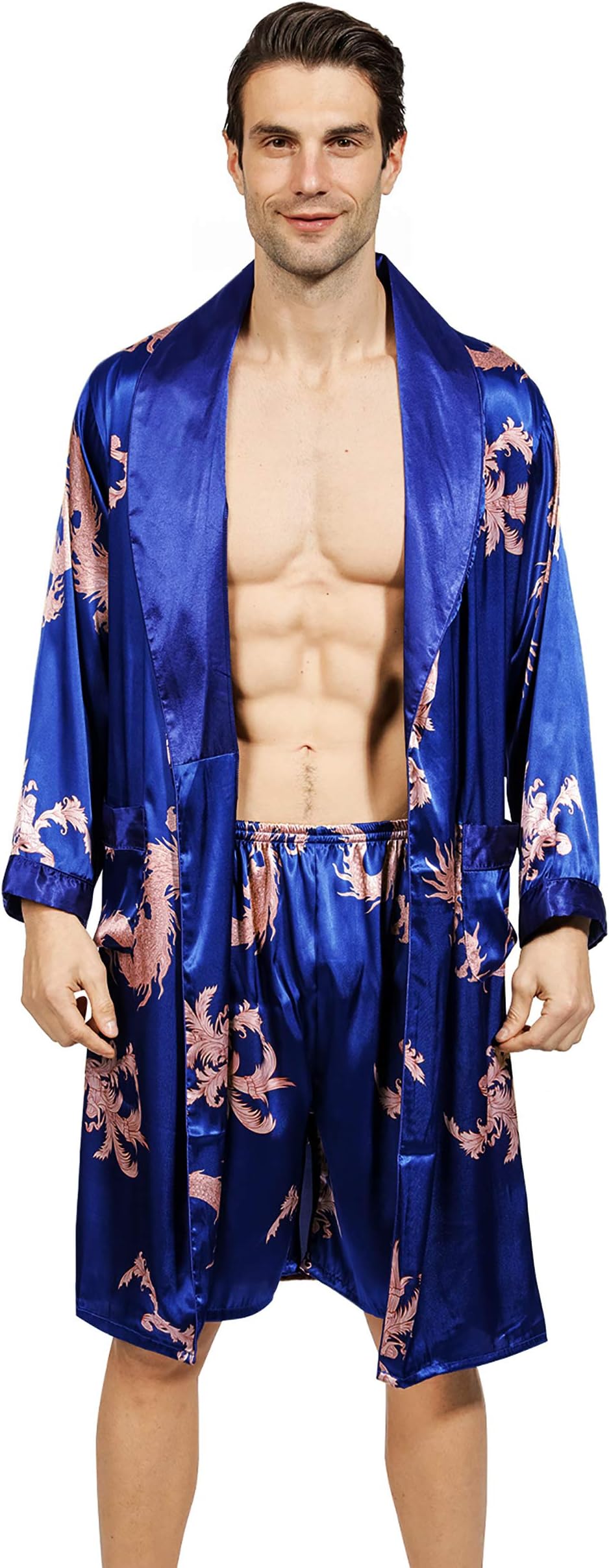 YIMANIEMens Satin Robe Lightweight Silk Spa Bathrobe with Shorts Nightgown Long Sleeve House Kimono Printed Bathrobe Set