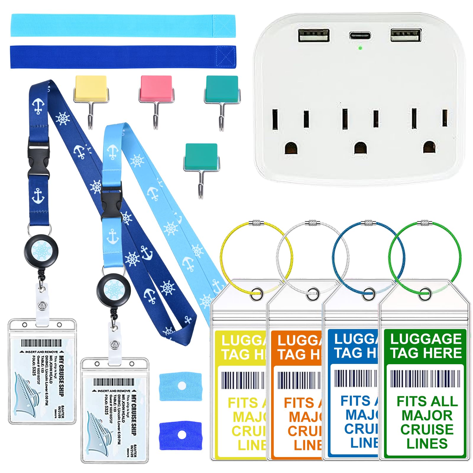Photo 1 of 15 Pcs Cruise Essentials Accessories Kit Must Haves Set Include Non-Surge Power Strip, Retractable Cruise Lanyards for Ship Card, Luggage Tags Holder, Towel Bands, Anti Nausea Wristband, Magnetic Hook