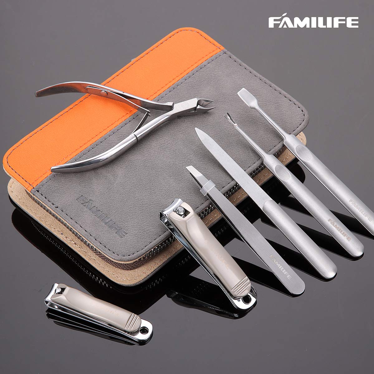 FAMILIFE Manicure Set, 7 in 1 Professional Manicure Pedicure Set Nail Clipper Set, Stainless Steel Professional Grooming Kit with Gray Leather Portable Travel Nail Clipper Set for Men Father : Beauty