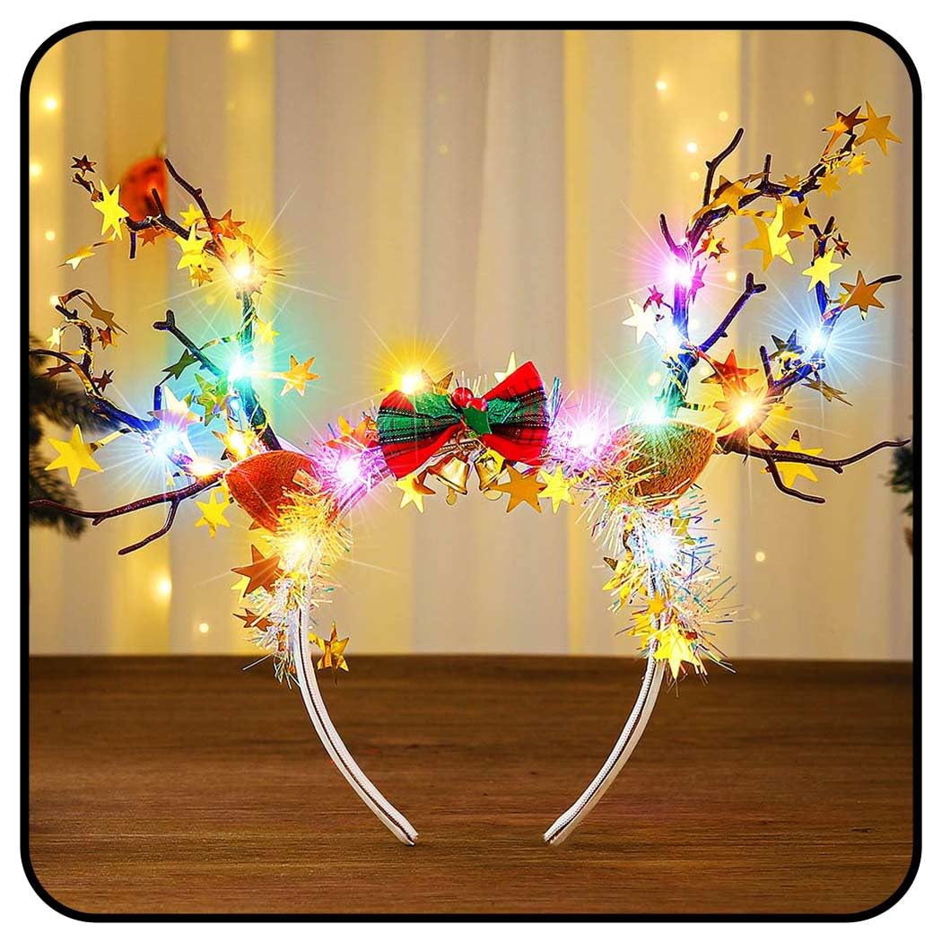 Zoestar Christmas Light Up Headband Gold LED Reindeer Antlers Headbands Stars Xmas Hair Accessories for Women