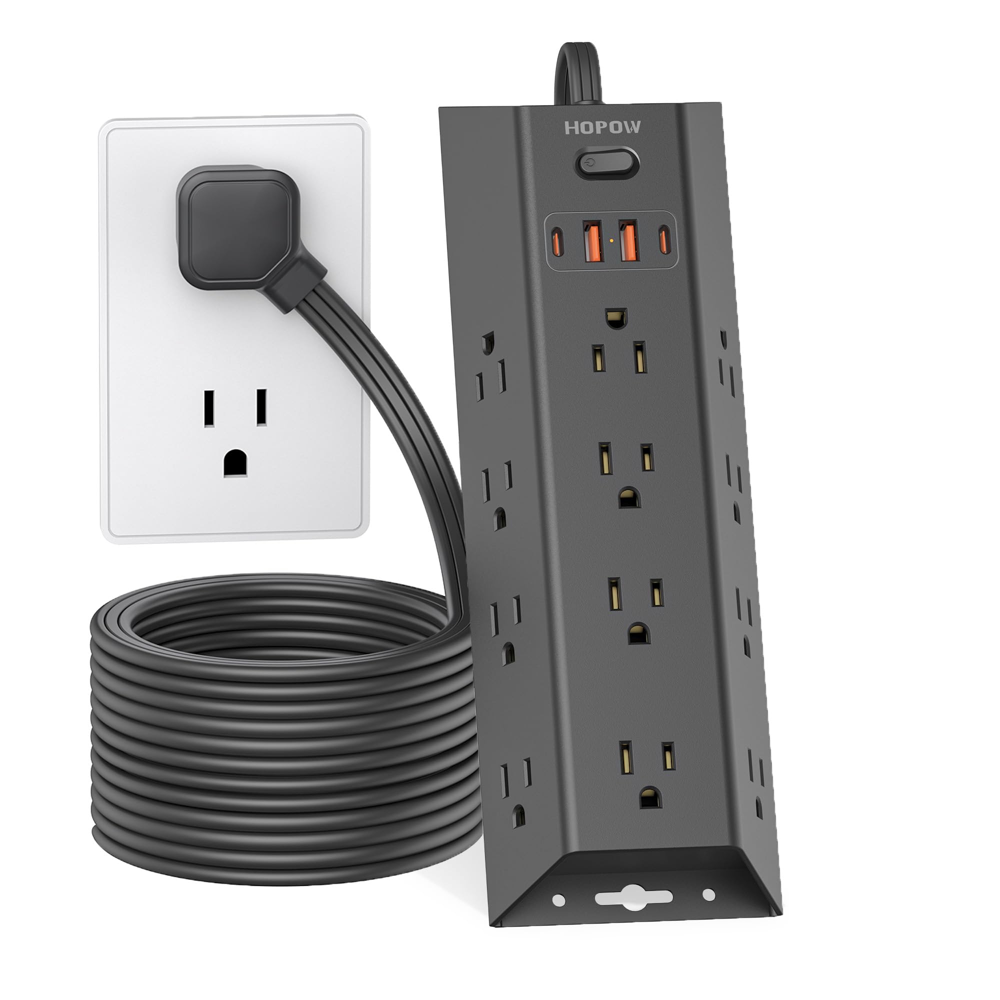 Photo 1 of 12 Outlets Surge Protector Power Strip, HOPOW 5FT Flat Plug Extension Cord with 12 AC Outlets & 4 USB Ports (2 USB C), 1700 Joules, Desk Charging Station for Home Office Room, Black