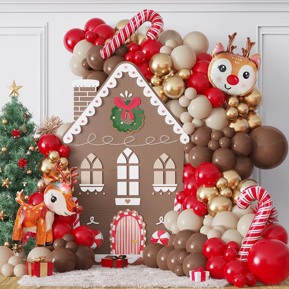 Photo 1 of 138Pcs Christmas Reindeer Balloon Garland Arch Kit Red Brown Sand White Gold Balloons with Moose Elk Deer Candy Cane Foil Balloon for Christmas Woodland Party Xmas Winter New Year Party Decorations