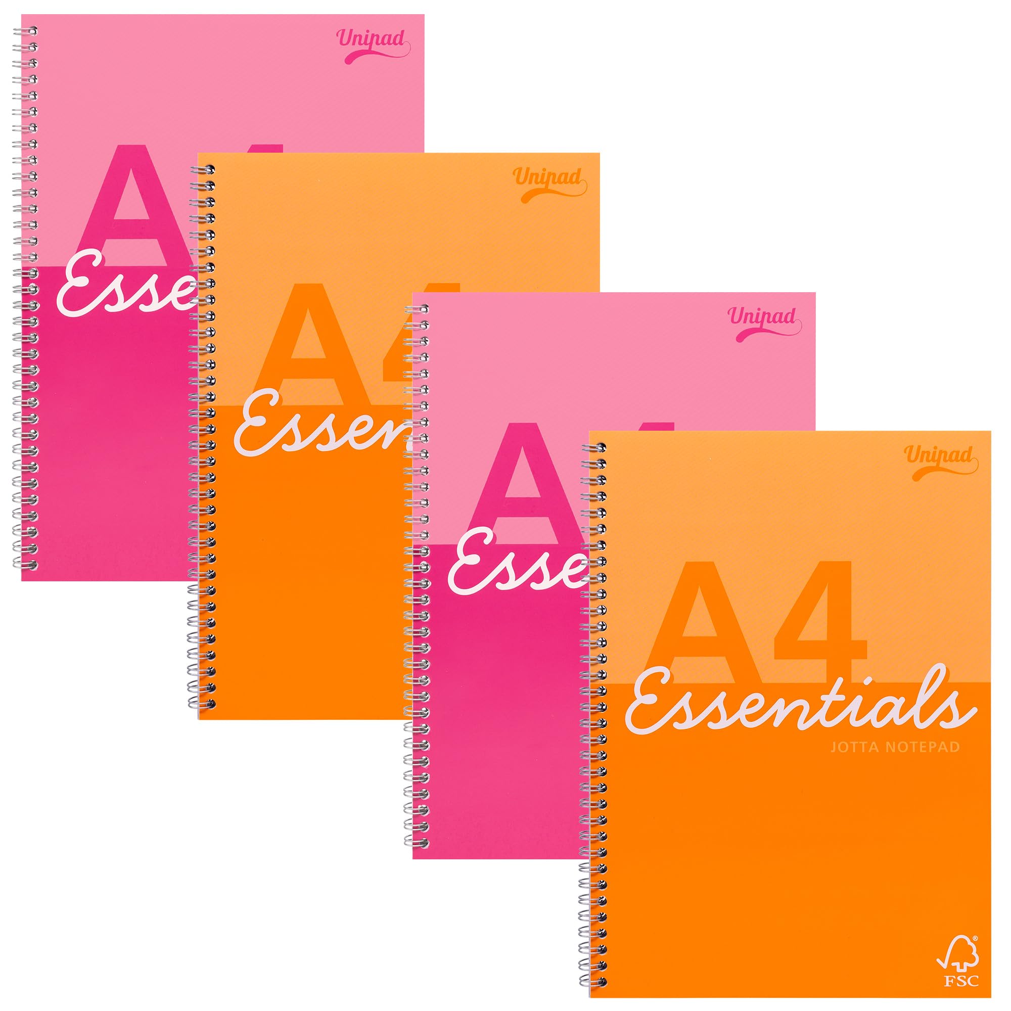 Pukka Pad Essentials A4 Jotta Notebook – Pack of 4 Assorted Pink & Orange Notepads with 160 Pages, 80 Sheets of 60GSM Lined FSC Paper – 4-Hole Punched Margins and Perforation – Side Twin Wire Binding