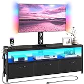 JUSTOGO TV Stand with Mount and Power Outlet, TV Stand Mount with Storage for Living Room, Entertainment Center with LED Lights for 45/55/60/65 inch, Height Adjustable Media Console, Black