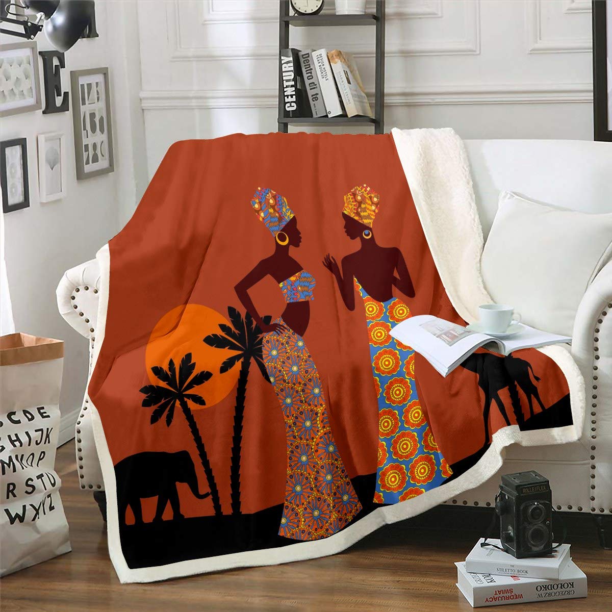 African Woman Themed Warm Plush Blanket Brown African Pattern Fleece Blanket Ethnic Afro Giraffe Sherpa Throw Blanket for Sofa Couch Women Room Decor Black Palm Tree Print Fuzzy Blanket Single 50"x60" — image 1
