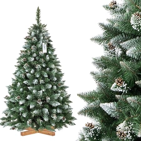 Albero Di Natale Fatto Con Le Pigne.Fairytrees Albero Di Natale Artificiale Pino Naturale Con Punte Innevate Pvc Pigne Naturali Supporto In Legno 180cm Ft04 180 Amazon It Casa E Cucina