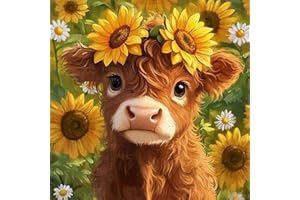 MYBISYMQQ Stamping Cross Stitch Kit Highland Cow, Counting Cross Stitch Kit for Adult Beginners Sunflower, Cow Full Line DIY Cross Stitch Stitching Kit for Home Decor Cross Stitch Patterns 13.7x13.7 inches