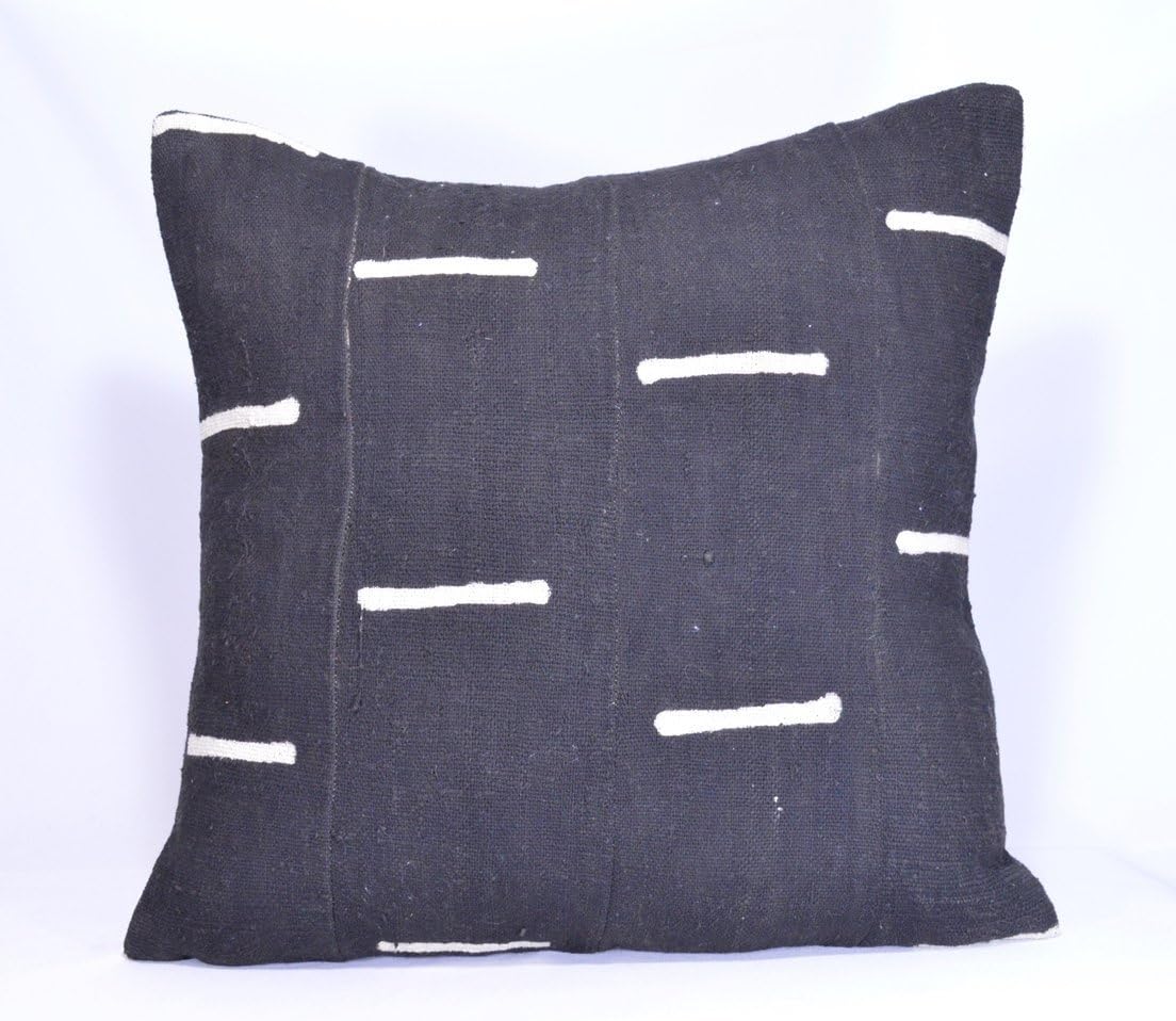 18" Double-Sided African Mudcloth Pillow Cover; Bogolanfini Decorative Pillow, Black & White Mud cloth Throw Pillow from Mali -BF1044