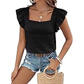SHEWIN Women's Casual Summer Square Neck Tank Tops Sleeveless Ruffle Chiffon Blouses Top Shirts
