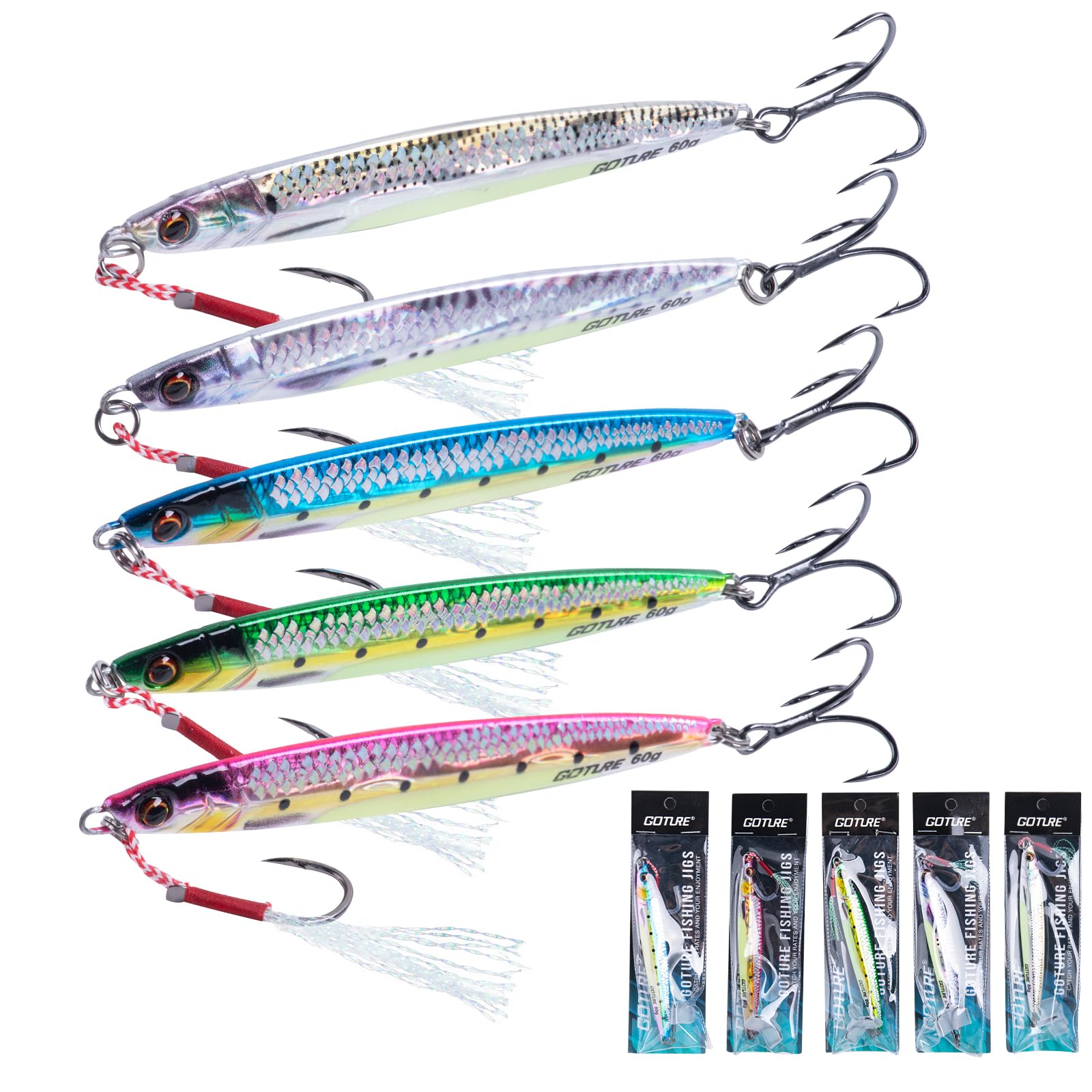 Goture Fishing Jigs, 60g Jig Fishing Lures with Assist Hook and Treble Hook, Vertical Jig Saltwater Freshwater, 5Pcs Fishing Jigging Spoon Lures, Speed Fast Fall Jig for Tuna,Salmon,Bass