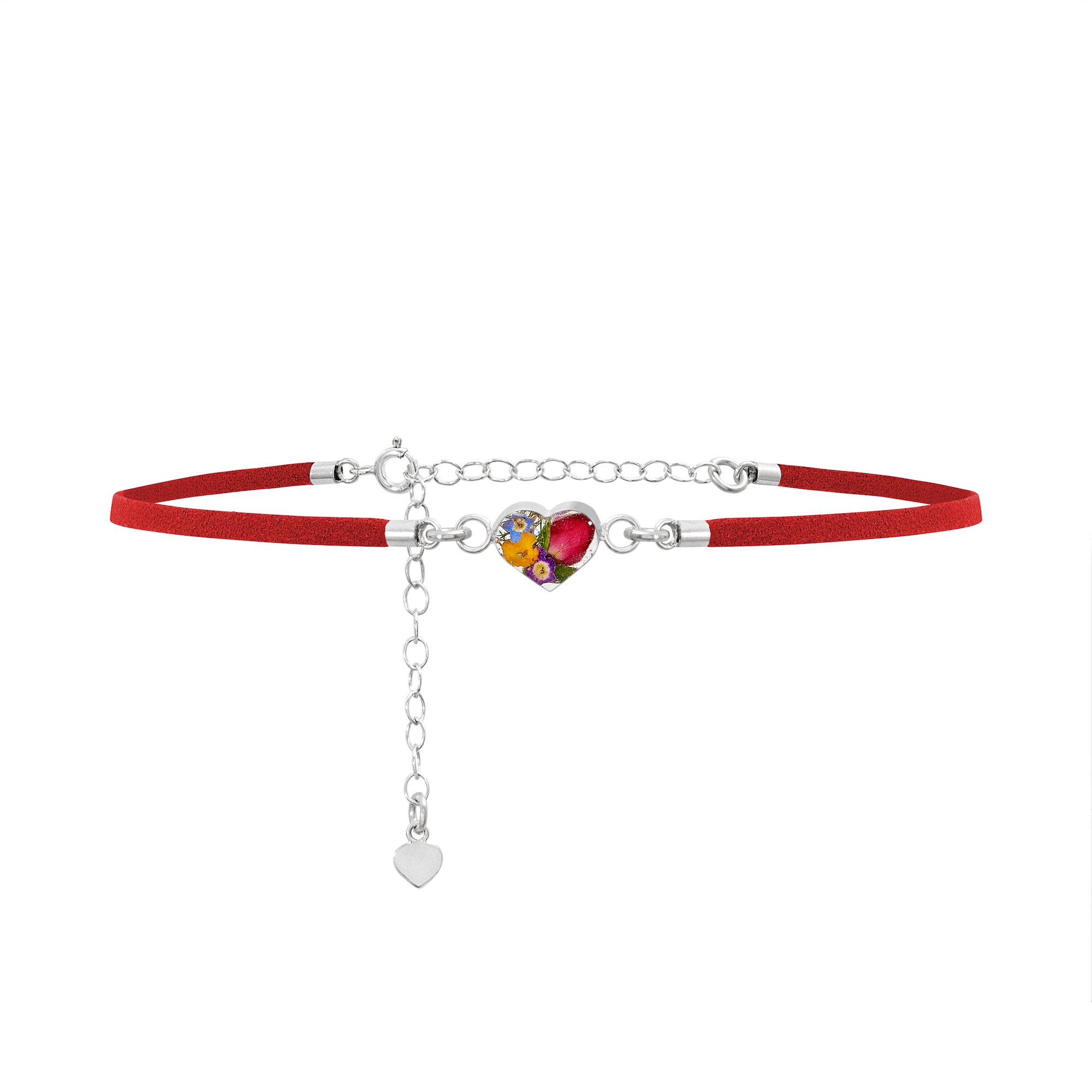 Shrieking Violet 925 Sterling Silver and Vegan Suede Heart Real Flower Choker Necklace - Assorted Flowers (Red)
