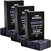 Live Bearded All-Natural Bar Soap for Men, 3-Pack of 5 oz - Made in the USA - Exfoliates and Moisturizes - Charcoal, Pumice, Shea Butter | Executive Scent - Cedar, Vanilla