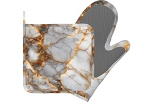 White Gold Marble Heat-Resistant Oven Mitts and Pot Holder Kitchen Non-Slip Silicone Cooking Microwave Gloves for Cooking Bak